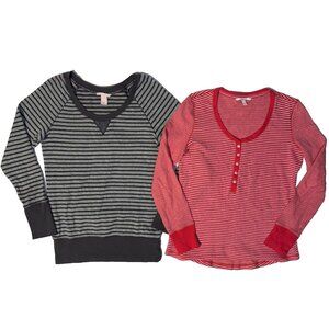 Lot of 2 Victoria's Secret Red & Gray Long Sleeve Loungewear Tops - S Striped